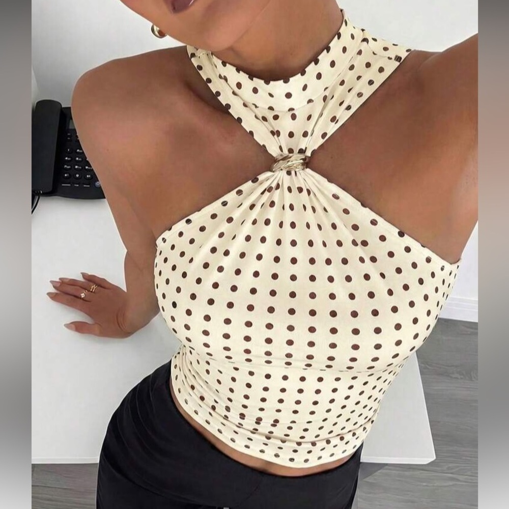 Cream Polka Dot Halter Tank Top with Twist Neck